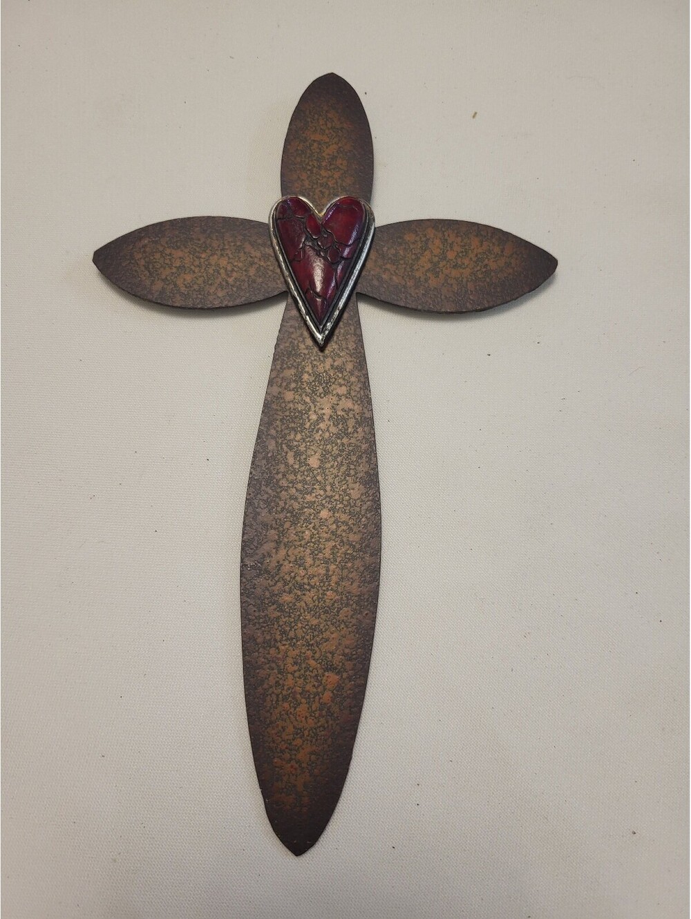 Rustic Metal Wall 9x5.5" Cross with Red Heart Accent